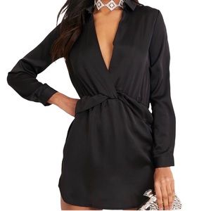 🎉2X HP🎉 Black Front Twist Silky Shirt Dress